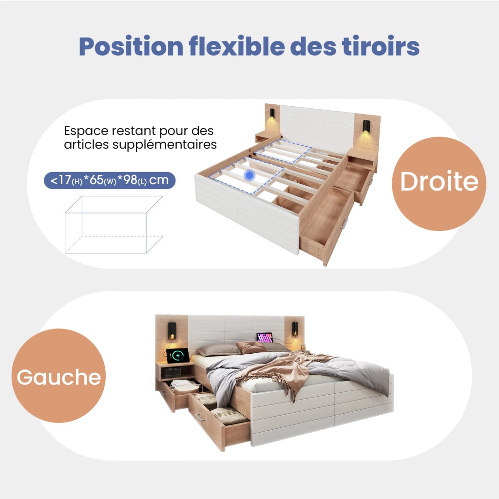 Letto con Cassetti Letto Matrimoniale; 2 Cassetti; USB e Lampada da Lettura; 160×200 cm; senza Materasso; Bianco e Rovere Chiaro