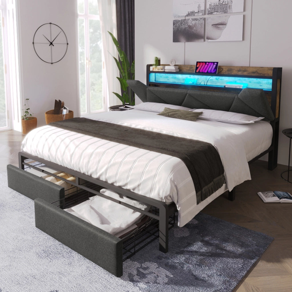 Letto matrimoniale 140x200 cm in lino grigio con testiera contenitore; LED; USB e cassetti