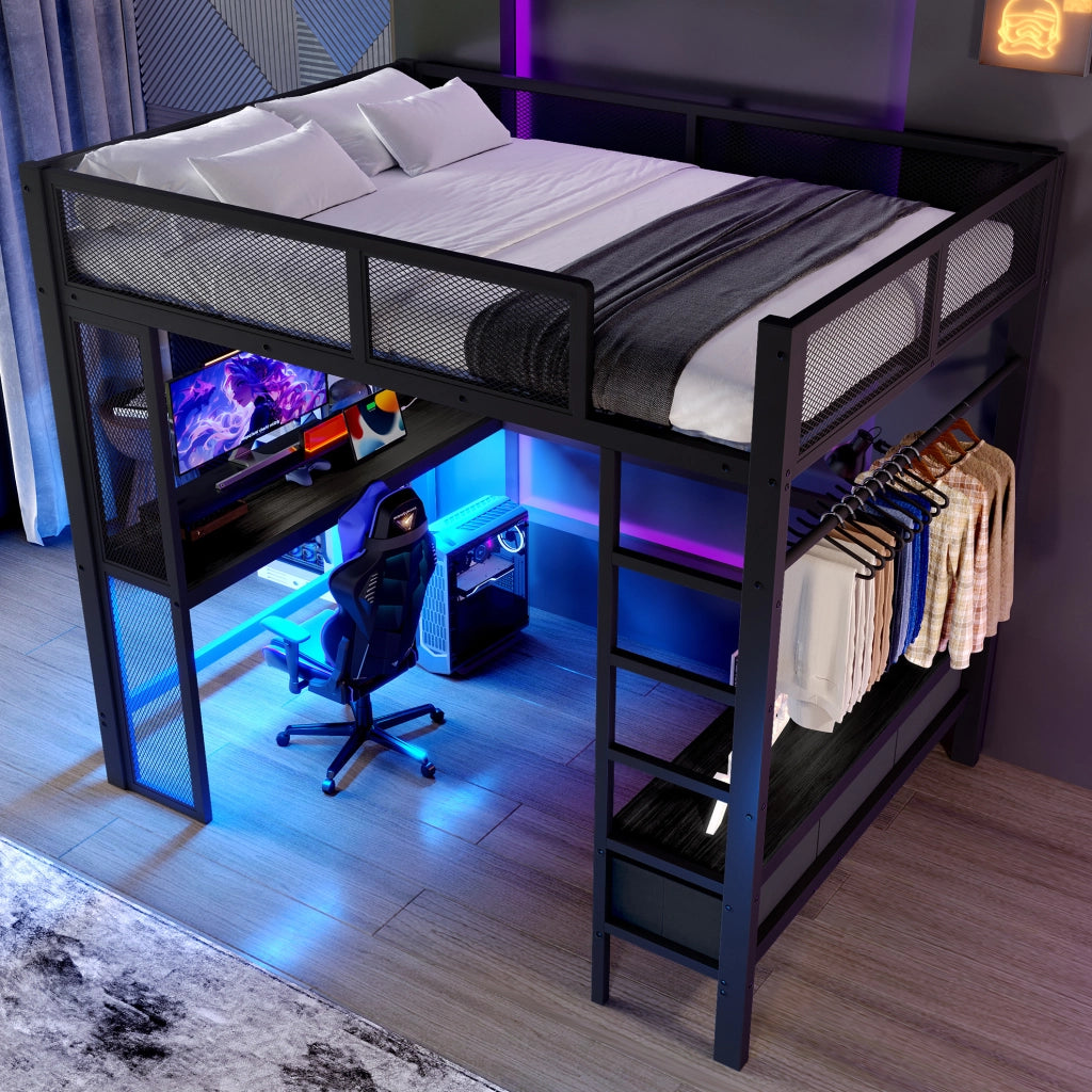 Letto a soppalco 140x200 cm nero con scrivania, LED, armadio aperto e cassetti