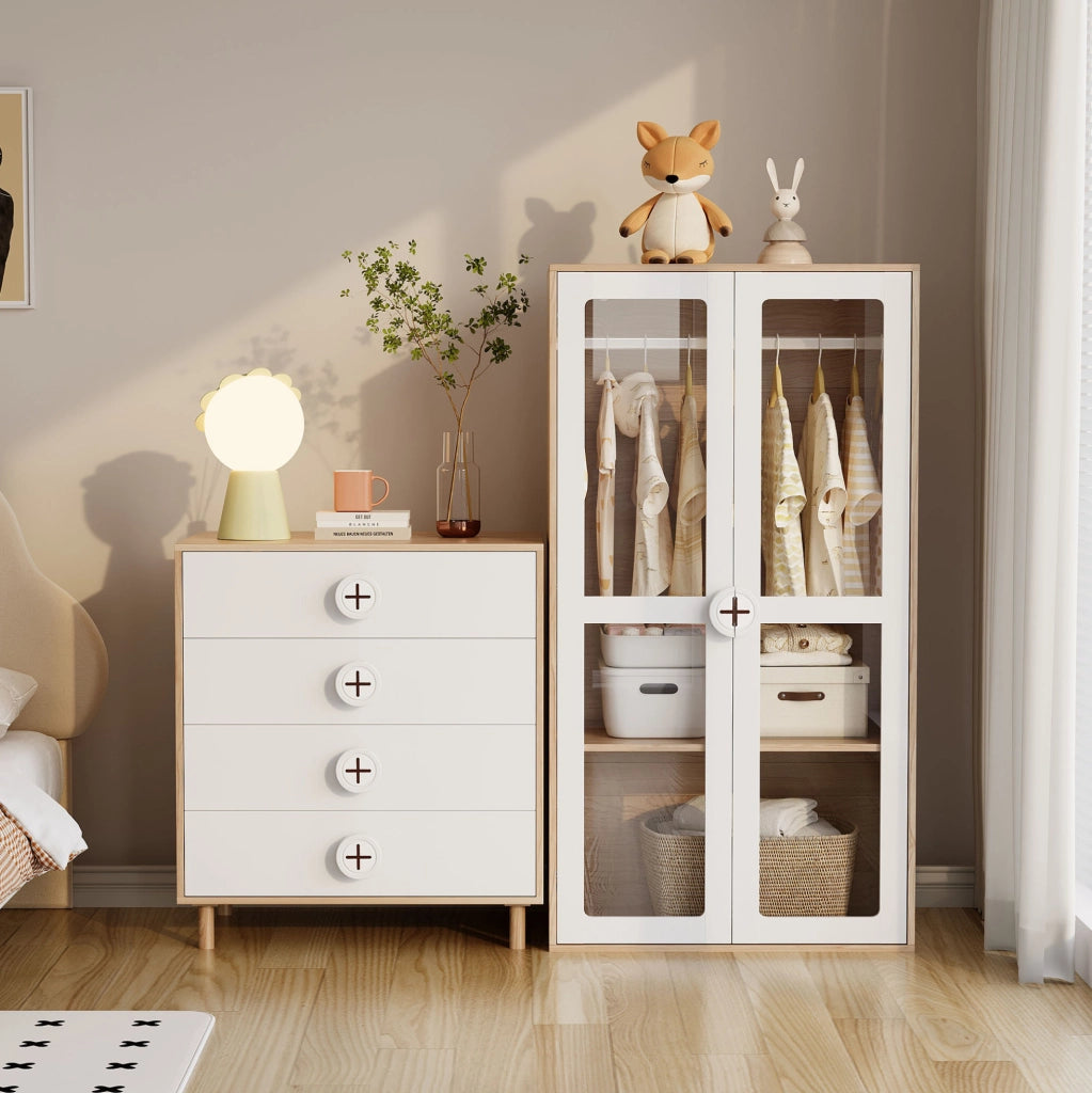 Comò 80x54x90 cm naturale e bianco in MDF, 4 cassetti