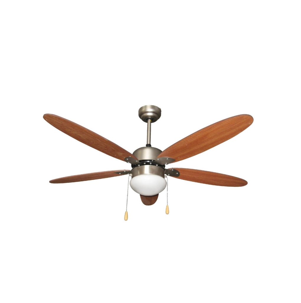 ZEPHIR ZFS9110M Ventilatore da Soffitto 130 cm con Luce E27, 5 Pale in Legno Marrone, Reversibile Estate/Inverno, 3 Velocità, Paralume in Vetro, Comando a Cordicella, 70W, Struttura in Metallo