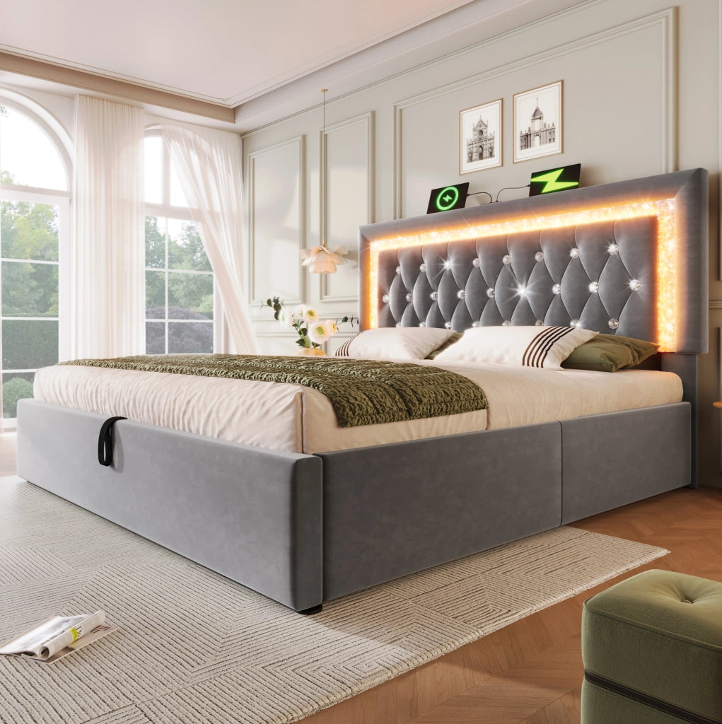 Letto contenitore imbottito ULEVR 140x200 cm con LED, USB e Type-C, testiera in velluto grigio