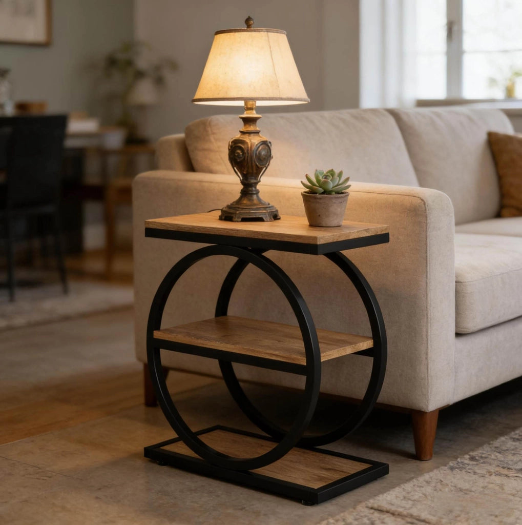 Tavolino 60x30x65 cm in MDF e metallo nero e marrone， 3 livelli， salvaspazio