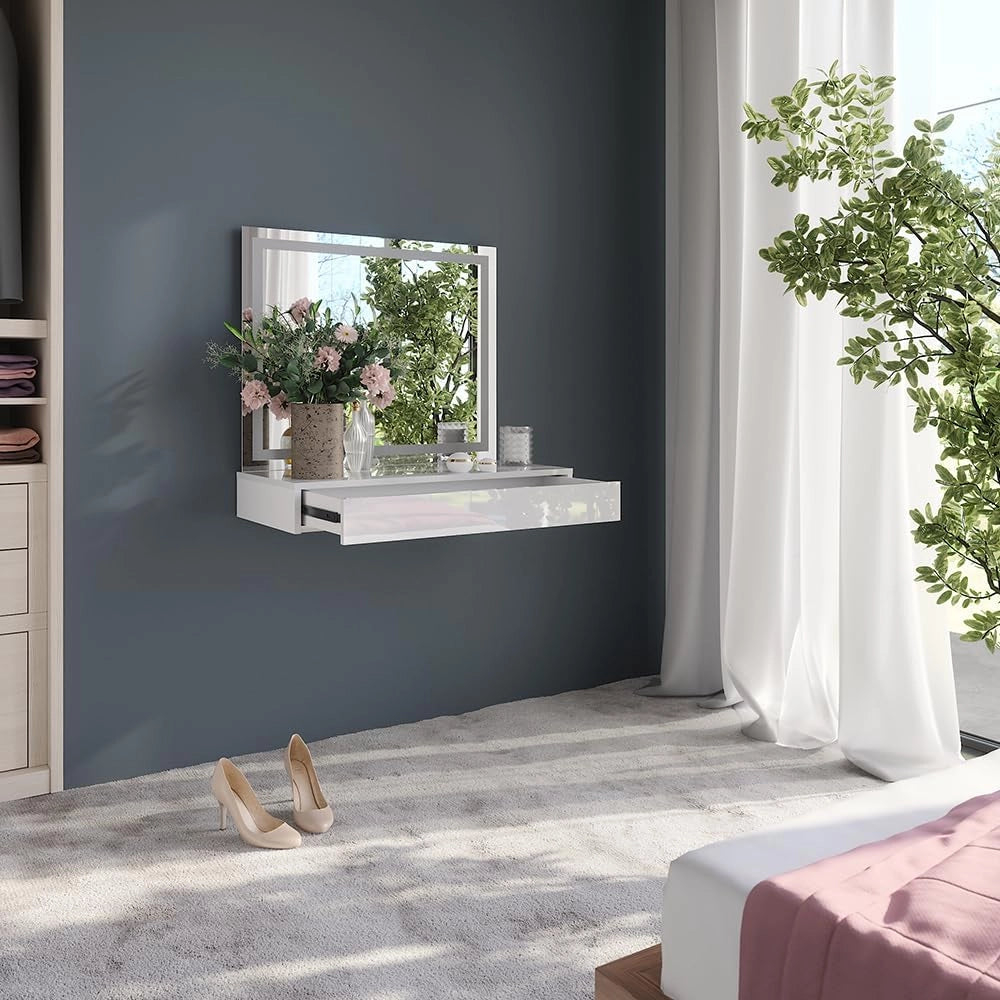 Tavolo da toeletta Sherry, Bianco/bianco lucido, 80 cm 2 parti