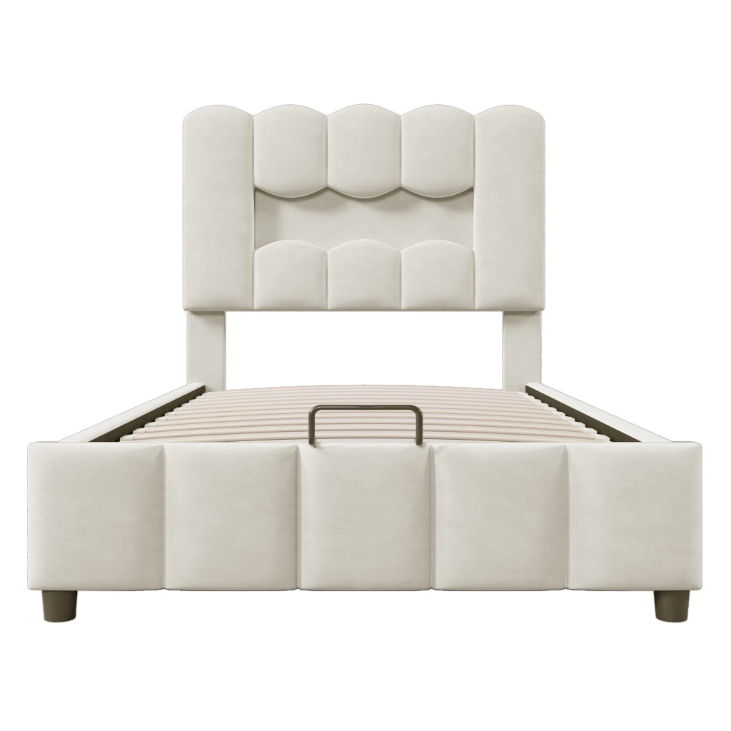 LETTO Contenitore 90x200 cm in velluto beige con LED e testiera regolabile
