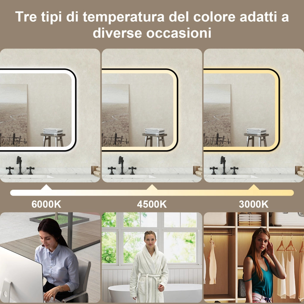 Specchio bagno Rettangolare 100x60cm Retroilluminato Con Led, Antiappannamento + 3 Luci
