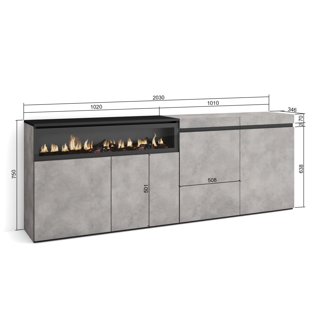 Credenza, Mobile, 200x35x75cm, 4 Porte, Camino elettrico, grigio cemento RF2369