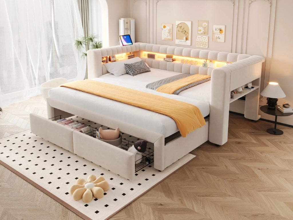 letto divano imbottito velluto beige 109 x 210 cm