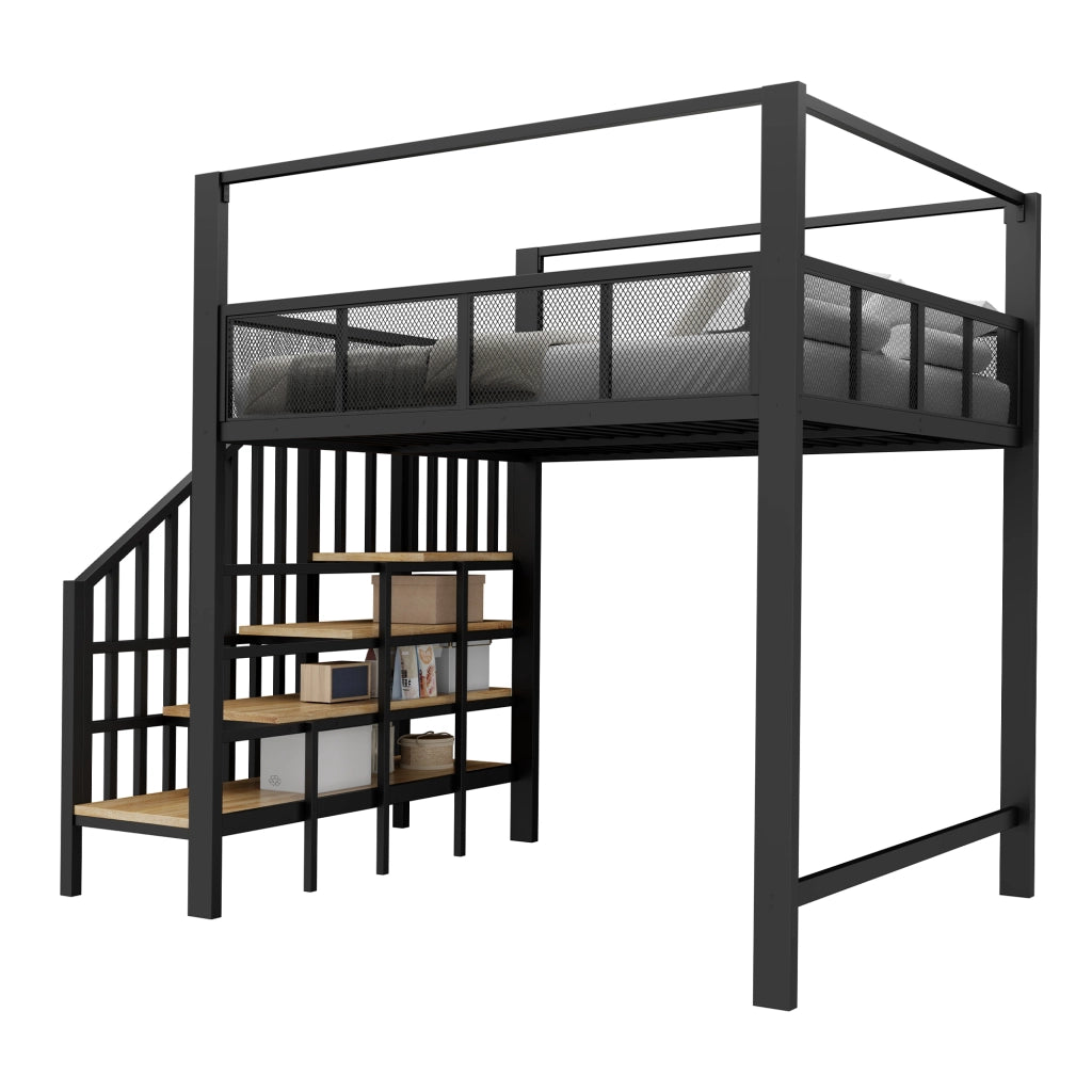 Letto a soppalco in metallo 90x200 cm con scala contenitore, struttura alta, colore nero