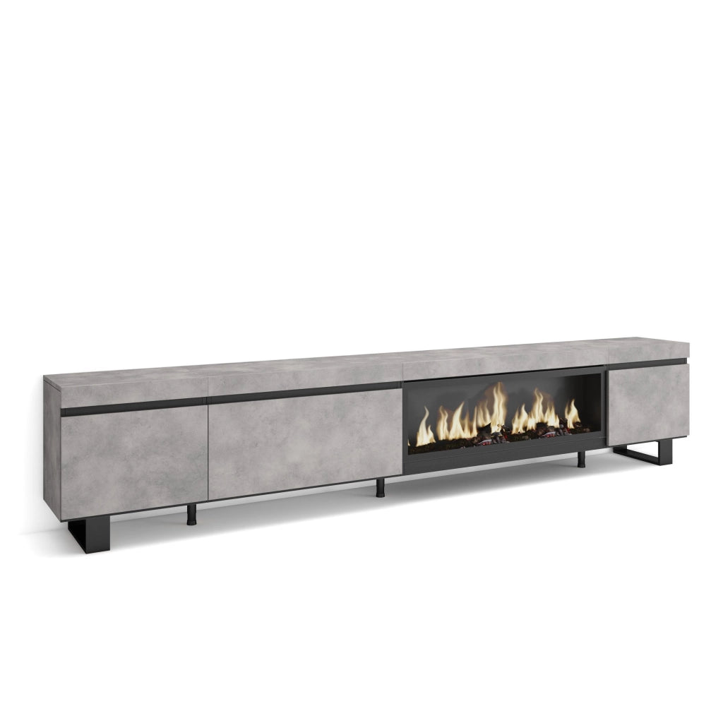 Mobile TV Soggiorno, 288x35x57cm, TV di grande formato, Camino elettrico XXL, Design industriale, grigio cemento RF3620