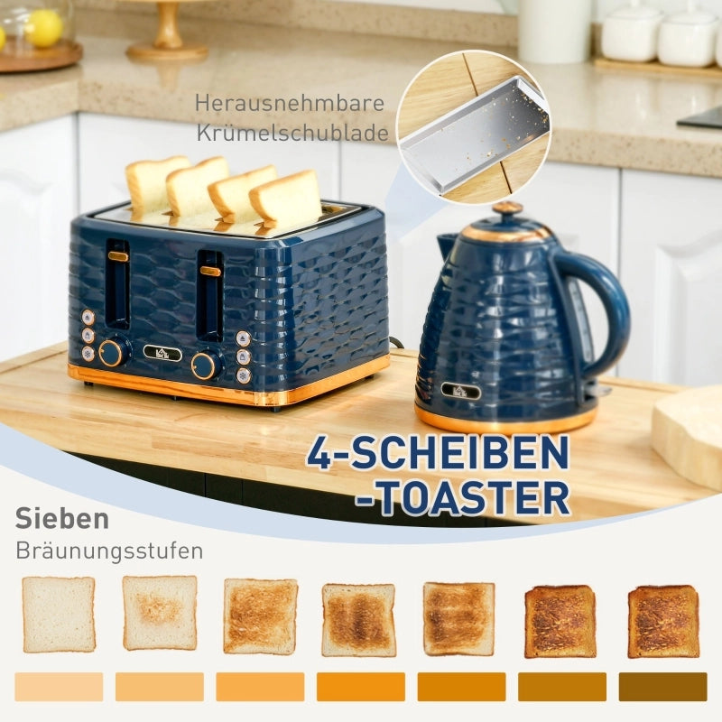 Set tostapane e bollitore 2 in 1, 7 livelli di doratura, funzione di scongelamento e riscaldamento, blu