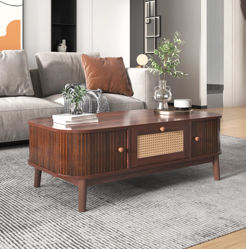 Tavolino da caffè 110x55x38;5 cm con cassetti e ante in MDF; naturale