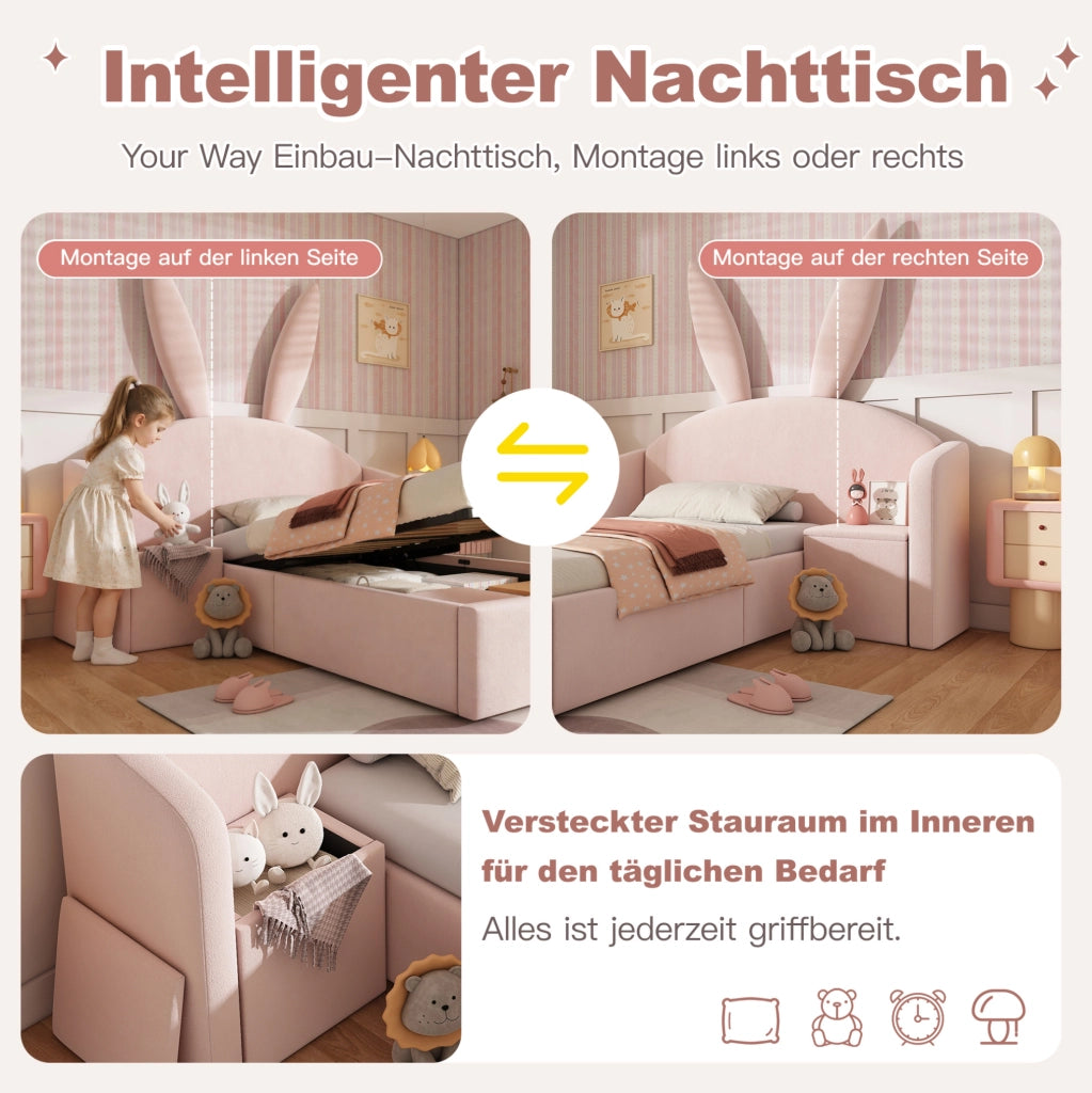 Letto singolo rosa 90x200 con orecchie di coniglio e comodino
