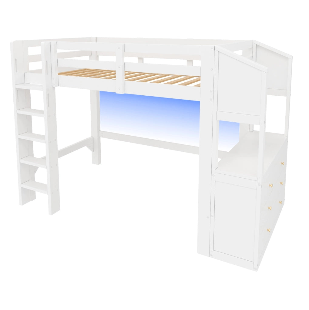 Lettino a soppalco 90x200 con 3 cassetti; ripiani e LED; bianco