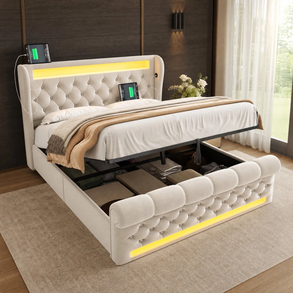 Letto matrimoniale imbottito 140x200 cm in velluto beige con LED; contenitore e USB