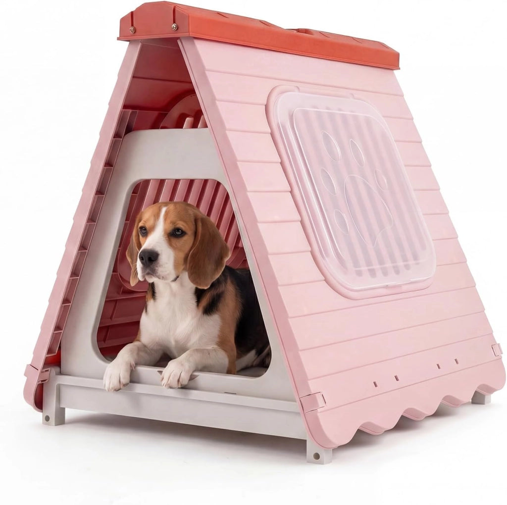 Cuccia Pieghevole per Cani, Casetta in Plastica per Cane con Porta a Battente Bloccabile e Finestre Ventilate, Cucce Impermeabile e Portatile per Cani Piccoli e Medi (Rosa)