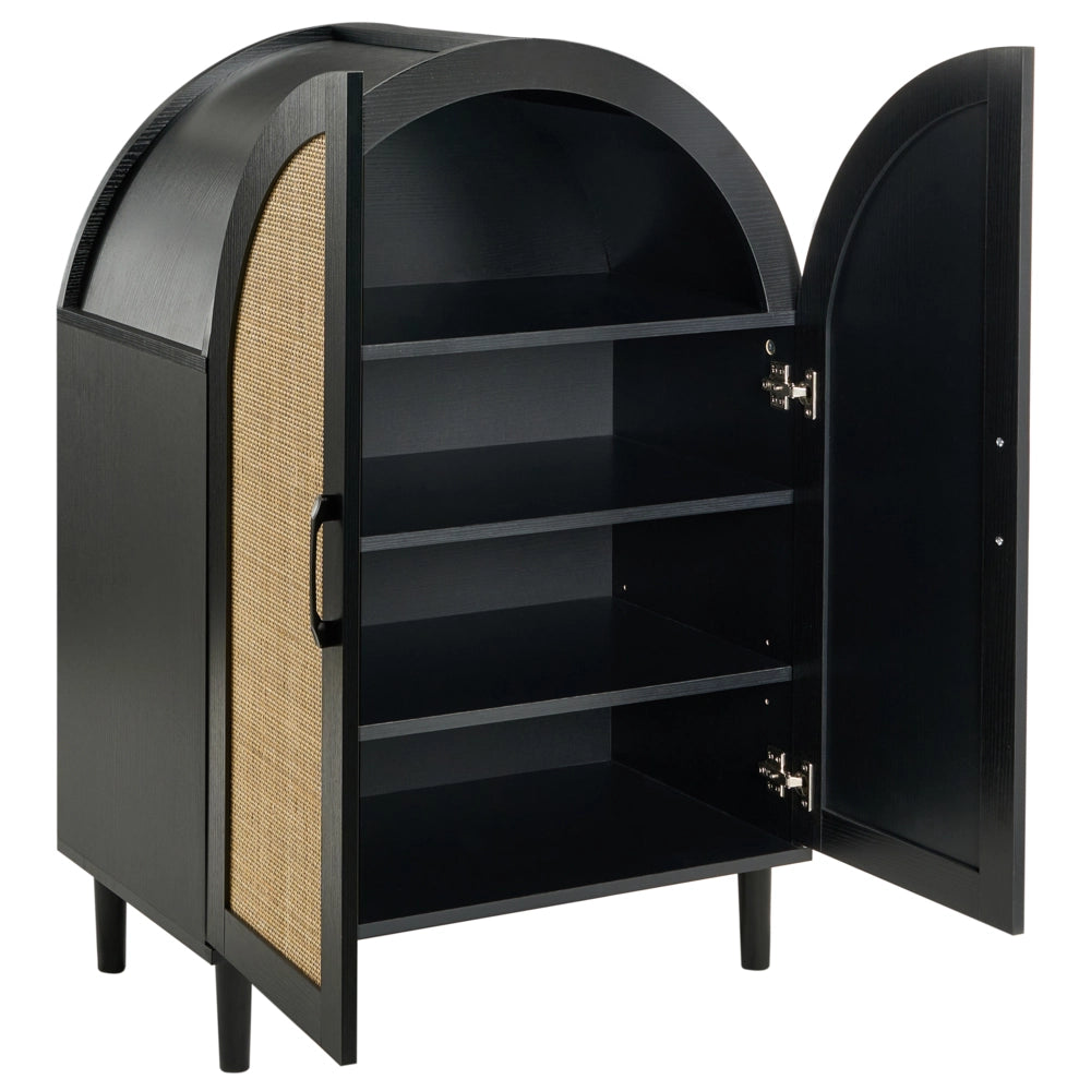 Scarpiera a 4 ripiani in MDF con frontali in rattan per 16 paia di scarpe per l'ingresso stile boho nero