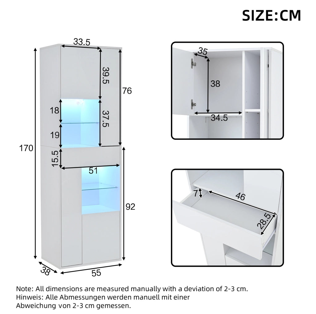 Vetrina alta LED bianca 55x38x170 cm con cassetto