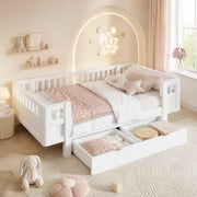 Letto a piattaforma per bambini 90x200 cm con sponde alte protettive e due ampi cassetti, bianco