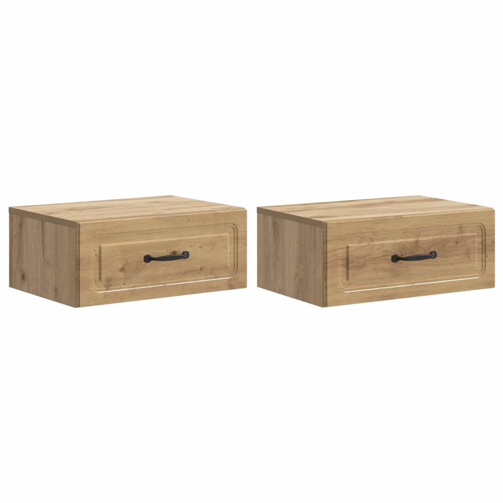 Set di 2 Comodini | Armadio da Notte | Mobiletto da notte a muro con cassetto Rovere Artigianale
