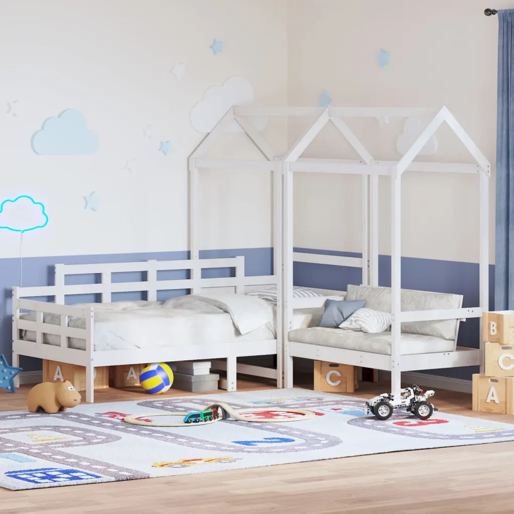Letto singolo | Letto per adulti | Set Dormeuse e Panca con Tetto Bianco 80x200cm Massello Pino