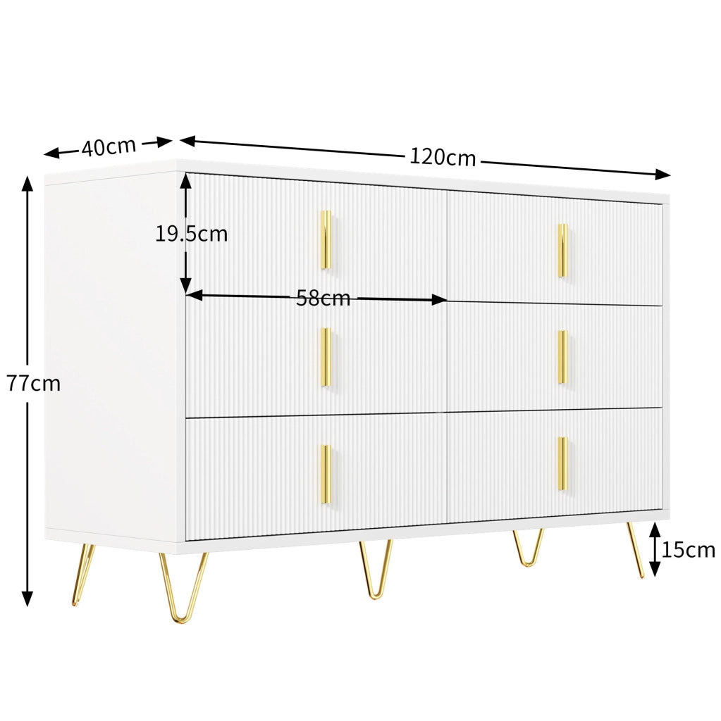 Credenza 120x40x77 cm bianca e oro – 6 cassetti, ampio spazio
