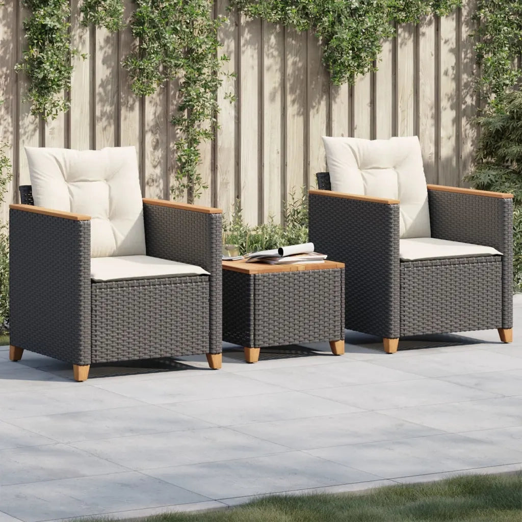 Set da BistrÃ² 3 pz con Cuscini Nero Polyrattan e Legno Acaciacod mxl 114421