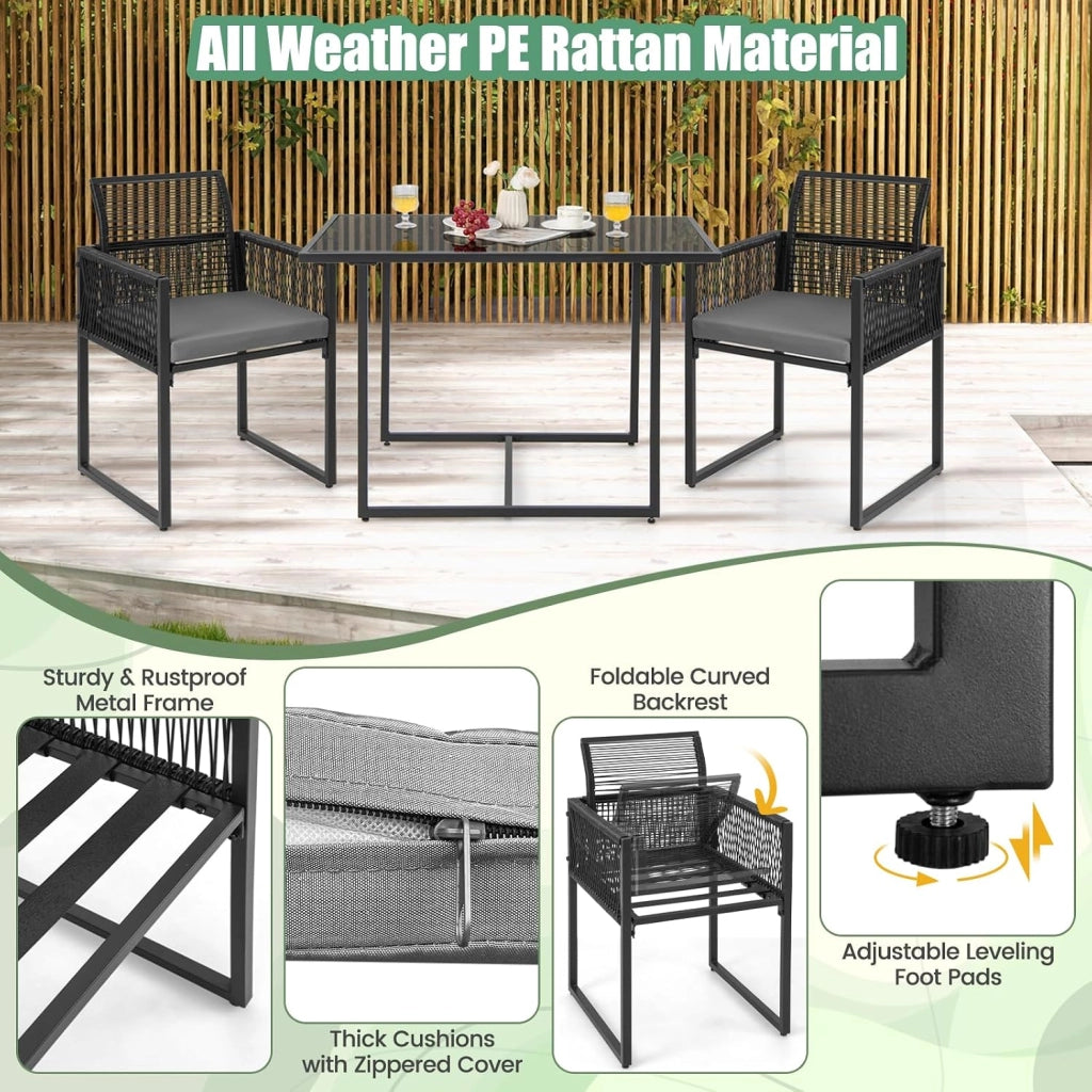 Set di mobili da 3 pezzi, set da tavolo e 2 sedie in rattan PE, set da pranzo con sedie pieghevoli, cuscini estraibili, tavolo in vetro, per giardino, patio, terreza