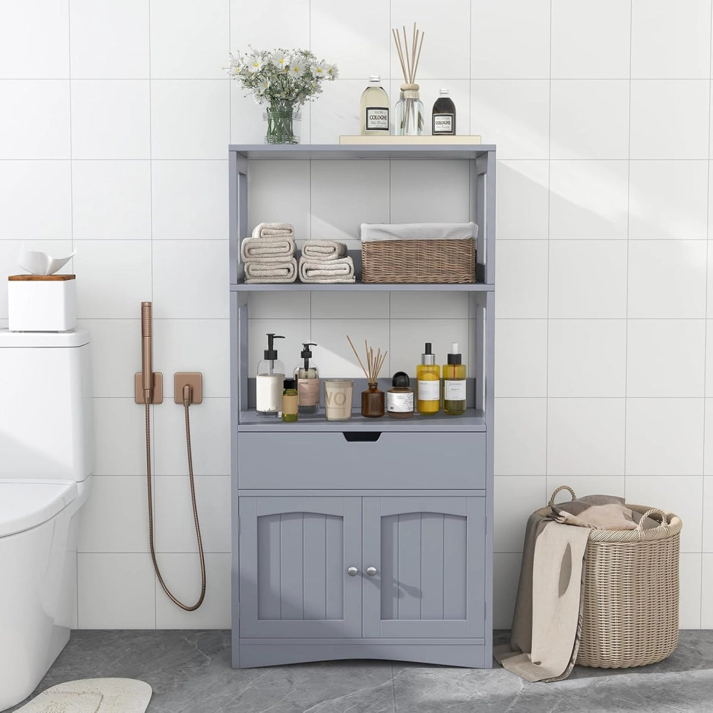 Mobile portaoggetti con ripiano a 3 livelli, armadio alto in legno, dispositivo antiribaltamento, cassetto e armadio a 2 ante, armadio moderno, 60 x 32,5 x 122 cm (grigio)