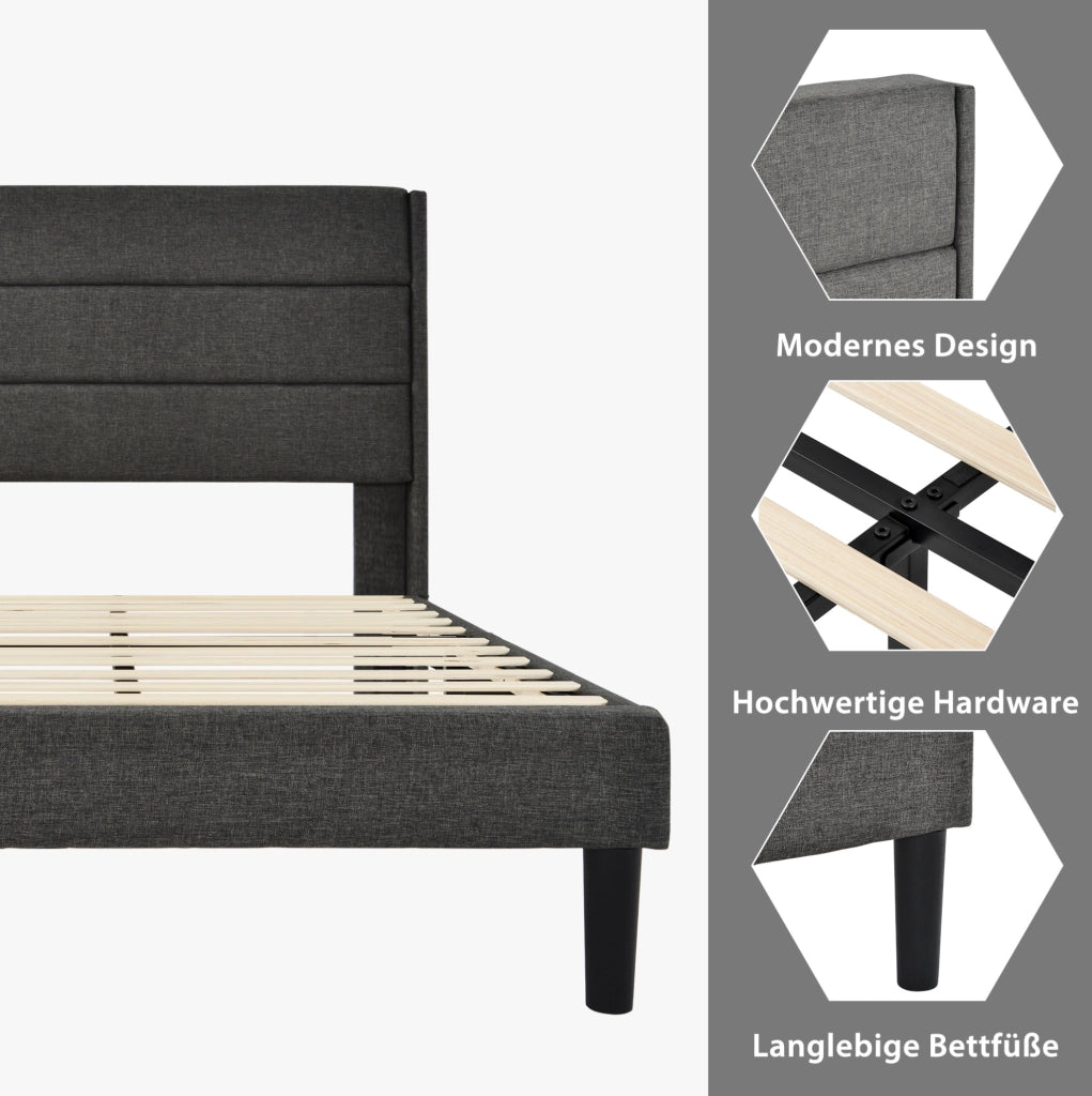 Letto imbottito 90x200 cm con testiera e rete a doghe; in tessuto lino grigio