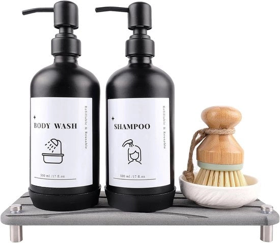 Set di Detersivo - Nero - Adatto per Cucina e Doccia - 2 Pezzi - Vetro con Piatto di Servizio