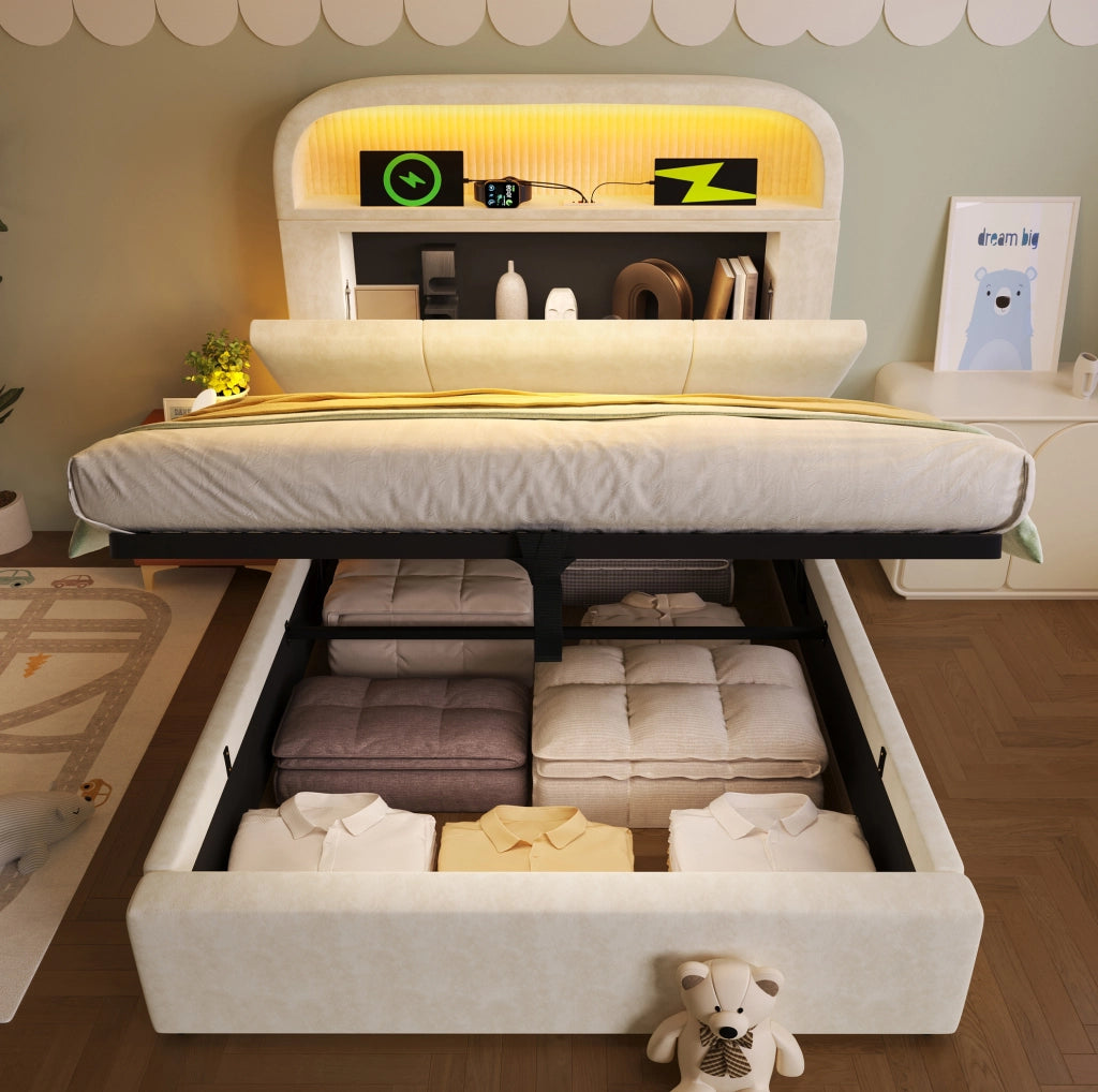 Letto imbottito con contenitore, LED e ricarica USB