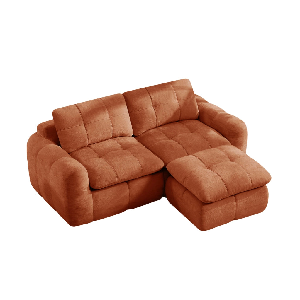Divano modulare angolare 2 posti con pouf 194x160x68 cm in chenille arancione
