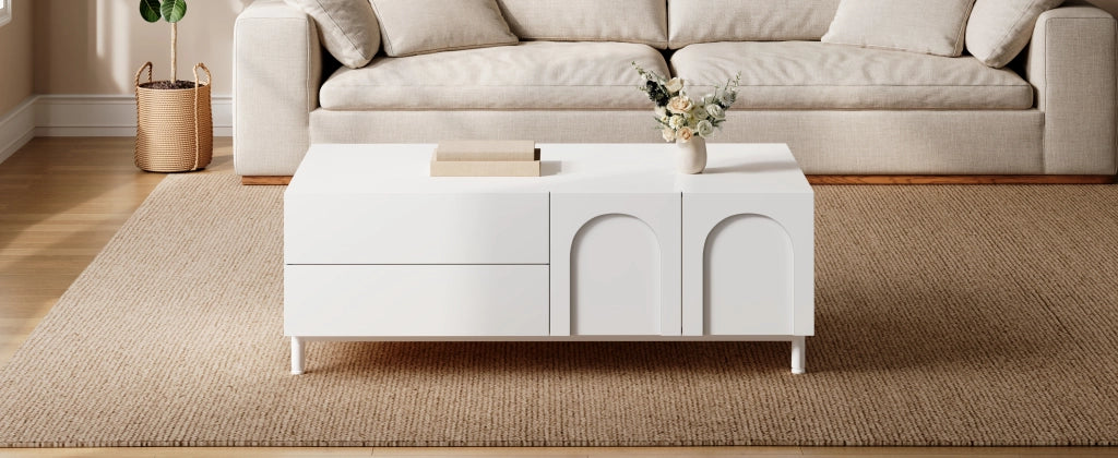 Tavolino basso con 2 cassetti e 2 ante vano chiuso per soggiorno in MDF e truciolare bianco 100 × 50 × 39,5 cm