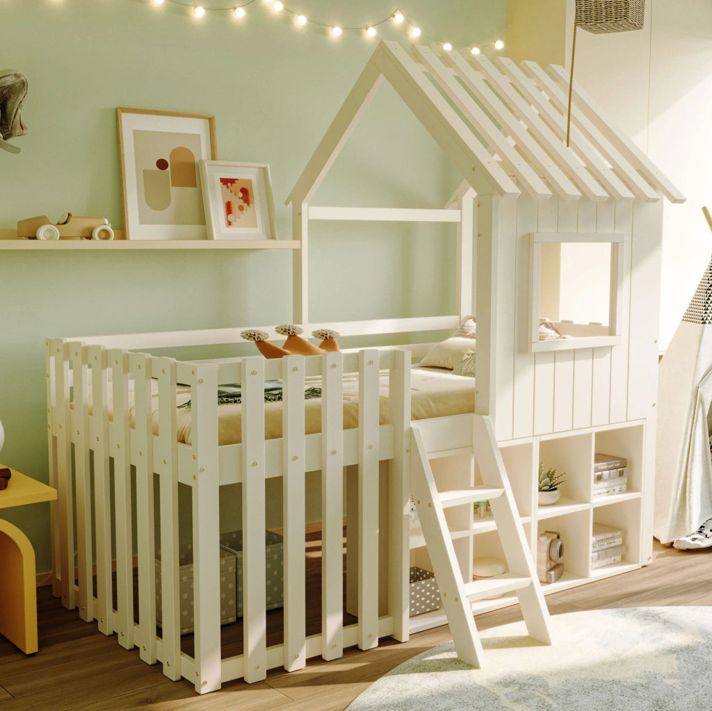Letto a soppalco per bambini 90x200 cm con tetto e contenitori; bianco