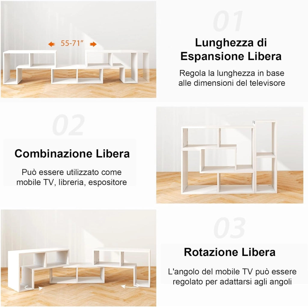 Mobile Porta TV Combinabile con Ripiani Aperti, per TV Fino a 65 Pollici, Mobile TV di Legno per Camera da Letto, Soggiorno, Capacità di Carico Massima 80 kg, 134-180 x 30 x 43 cm (Bianco)