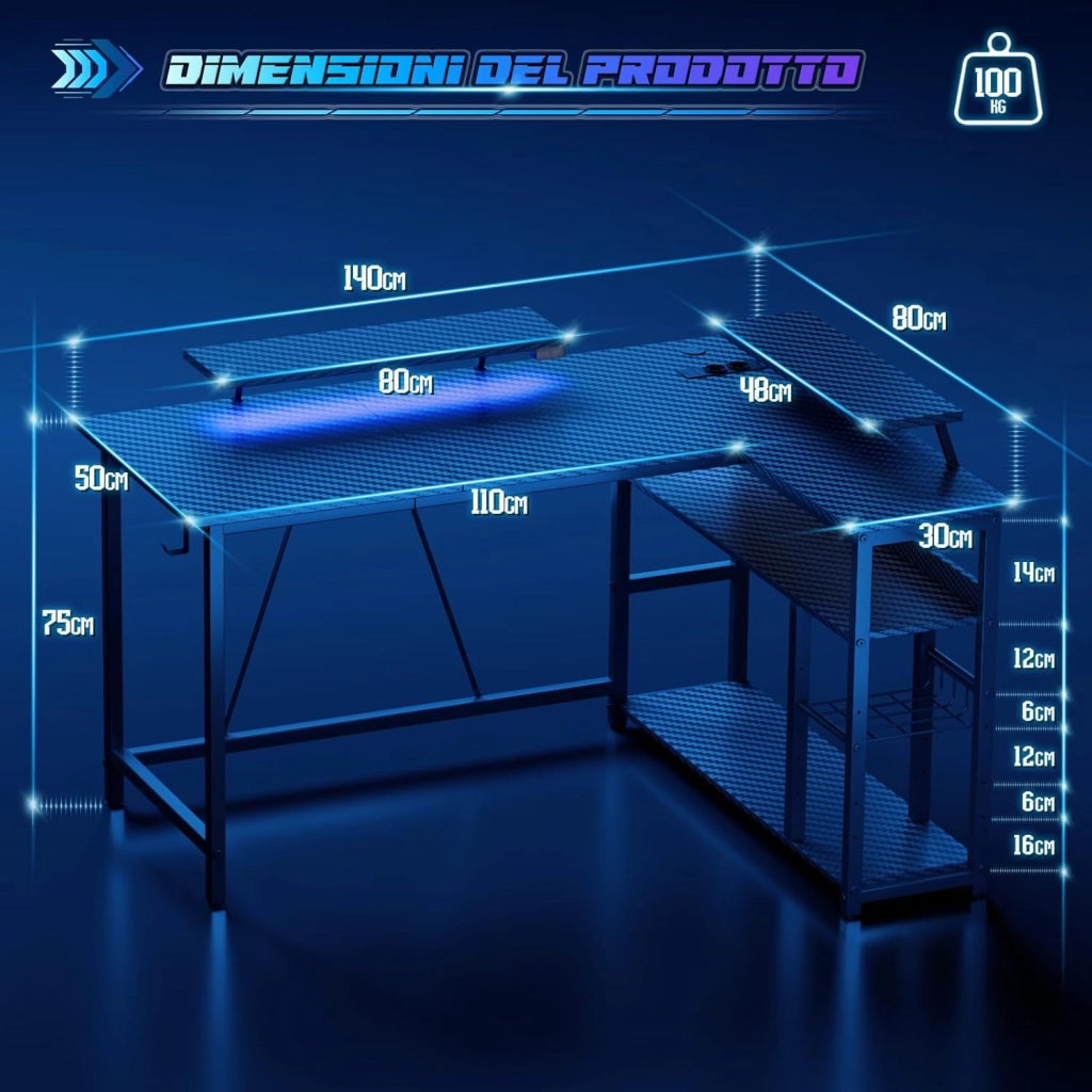 Scrivania Da Gaming Angolare 140x80 cm Supporto Doppio Monitor, Illuminazione LED, Ripiano Regolabile In Altezza, Finitura Effetto Carbonio, Scrivania PC Gamer Con Scaffali Laterali, Nero