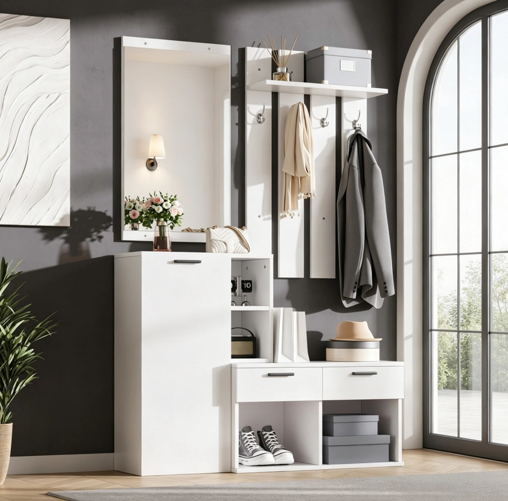 Mobile guardaroba da ingresso con scarpiera; specchio e 2 cassetti; MDF bianco; 120 ¡Á 35 ¡Á 175.5 cm