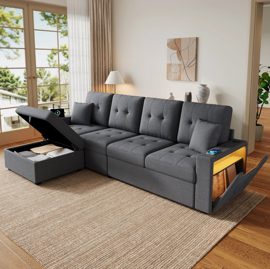 Divano angolare 4 posti con pouf contenitore, LED, USB e Type-C, grigio antico