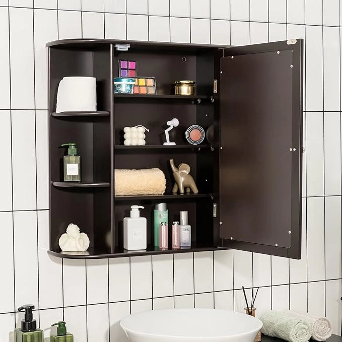 Armadietto del Bagno con Specchio, Armadietto di Legno Appeso con Mensole Regolabili, Armadietto dei Medicinali Multiuso per Bagno Salone Cucina (Marronre)