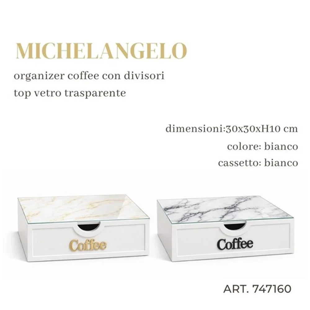 Trade Shop - Cassetto Organizer Porta Capsule Cialde Coffee Top Vetro Trasparente Marmo Divisori 747160 -