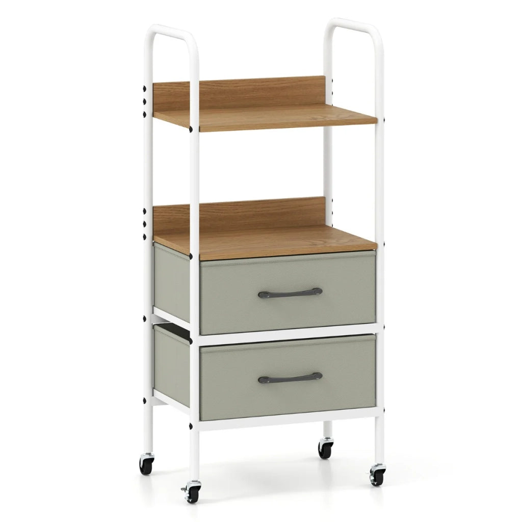 Carrello portaoggetti mobile su ruote 30 x 43,5 x 96 cm con 2 ripiani aperti e 2 cassetti pieghevoli stile rustico legno naturale 20_0017750