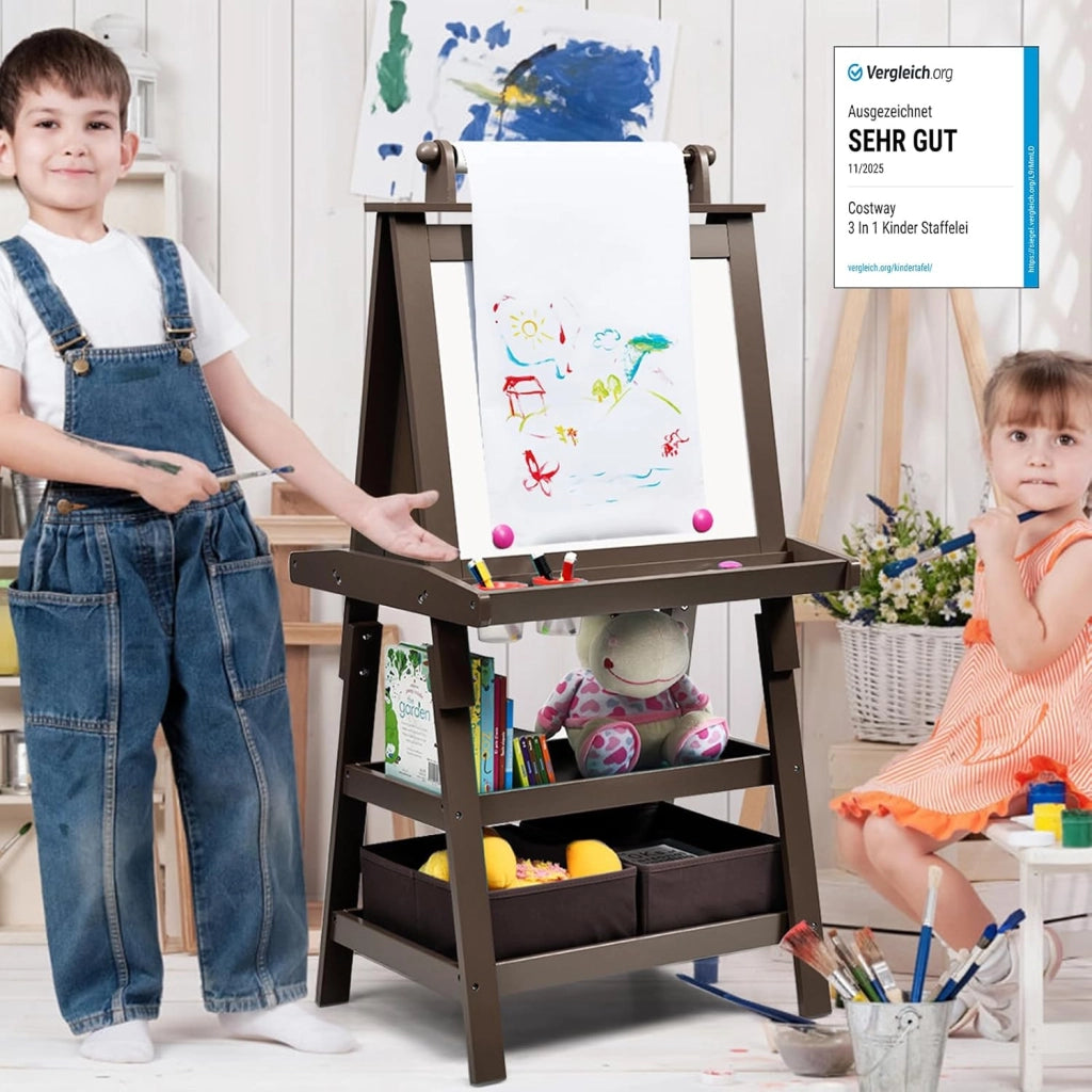 3 in 1 Cavalletto per Bambini con Doppia Faccia, Cavalletto per Disegno con 2 Vassoi e 2 Scatole, Lavagna Bambini in Legno (Caffè)