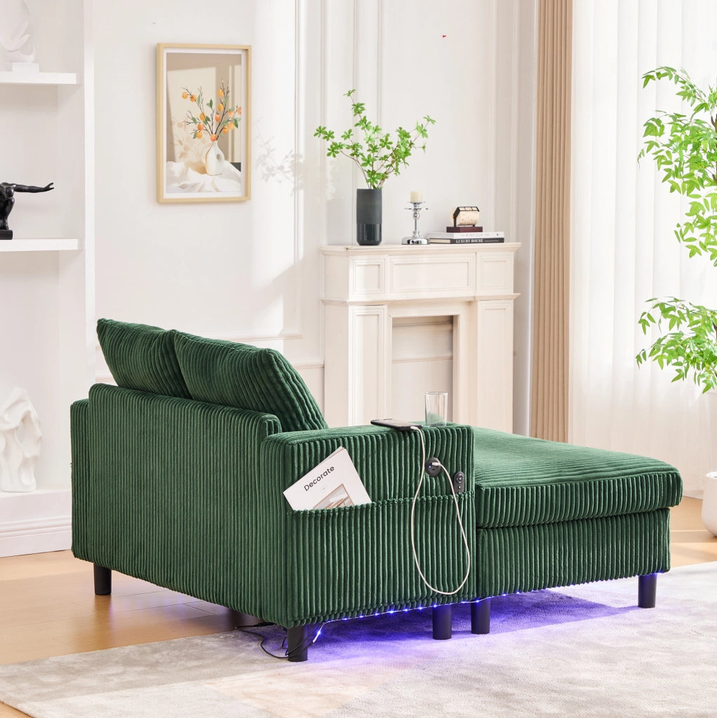 Poltrona relax extra large con LED; USB e porta bicchiere 142x128x85 cm in velluto a coste verde smeraldo