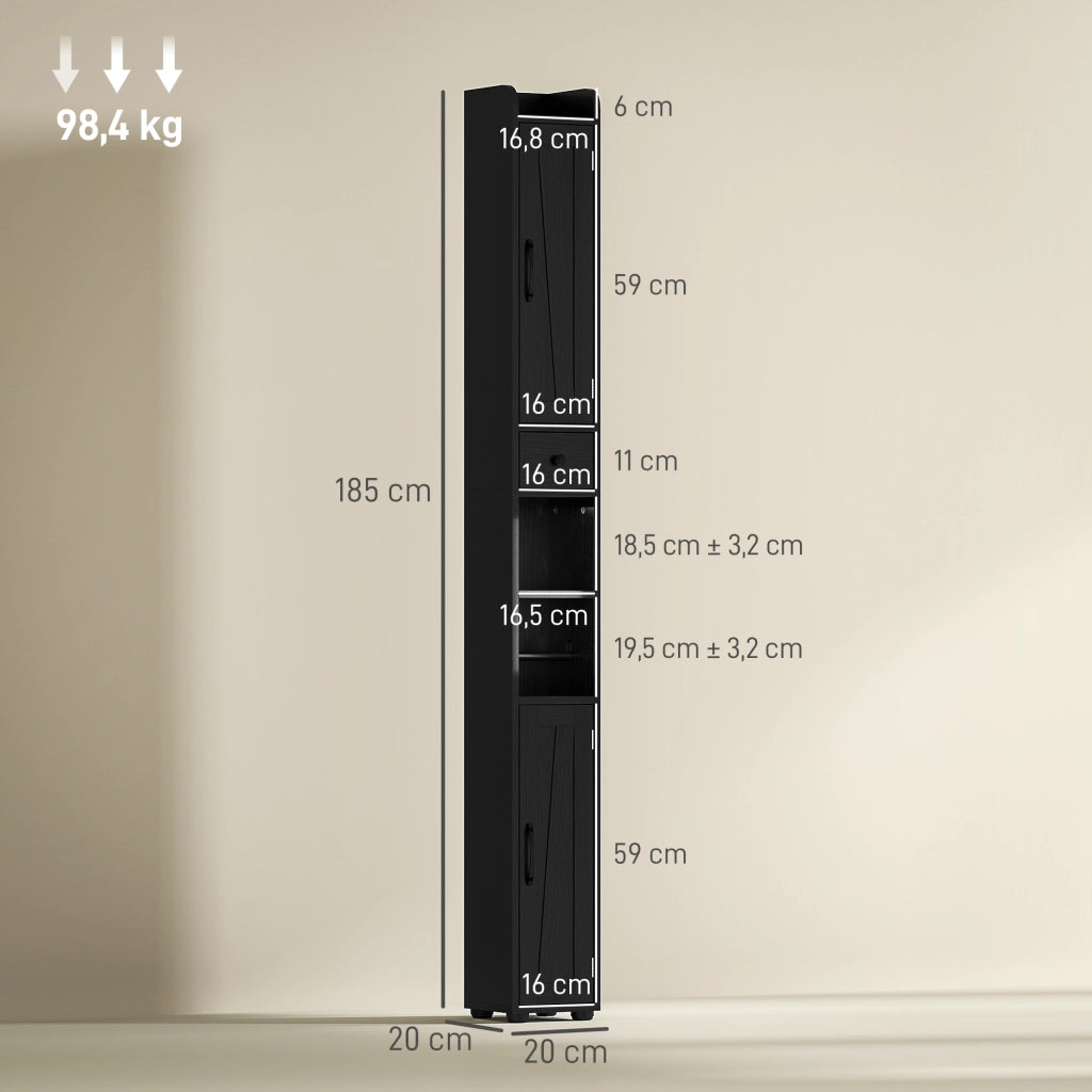 Colonna Bagno 2 Ante con Ripiani Regolabili e Portarrollos ¨C zephmum ¨C 20x20x185 cm Nero