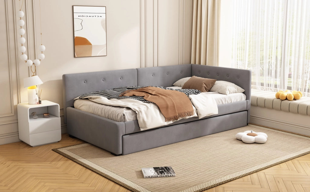 Letto singolo 90 × 200 cm con letto estraibile in velluto e MDF grigio con rete a doghe e testiera