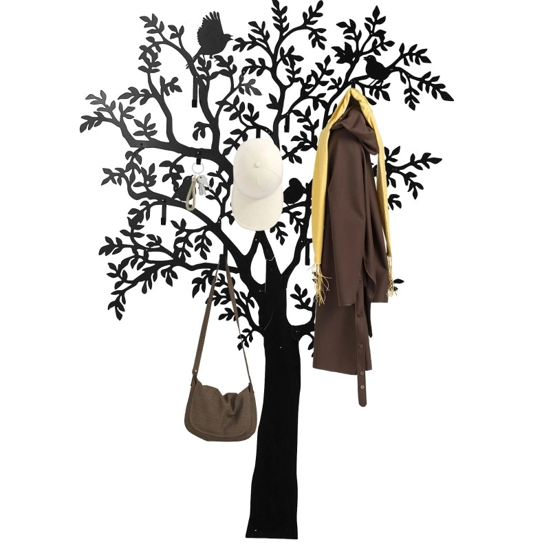 Appendiabiti da Parete in Metallo Nero con Design Albero e Uccelli, 120x175 cm