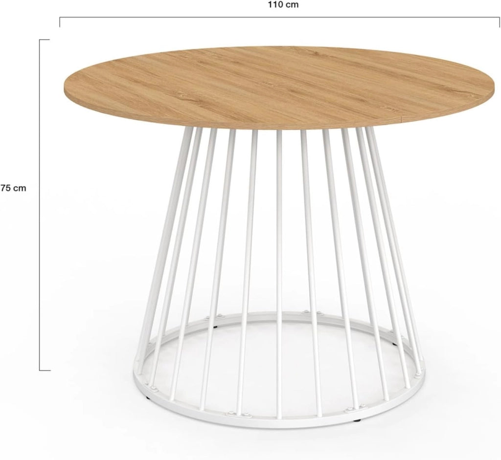 Tavolo da pranzo rotondo per 6 persone YUNA con piano in legno e gamba in filo metallico bianco 110 cm