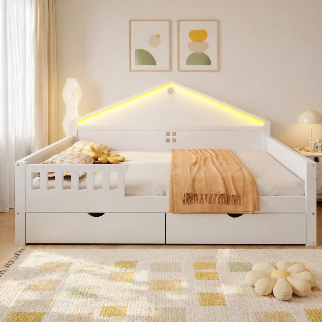 Letto singolo multifunzione 140x200 cm con LED e 2 cassetti; bianco; legno massiccio e MDF