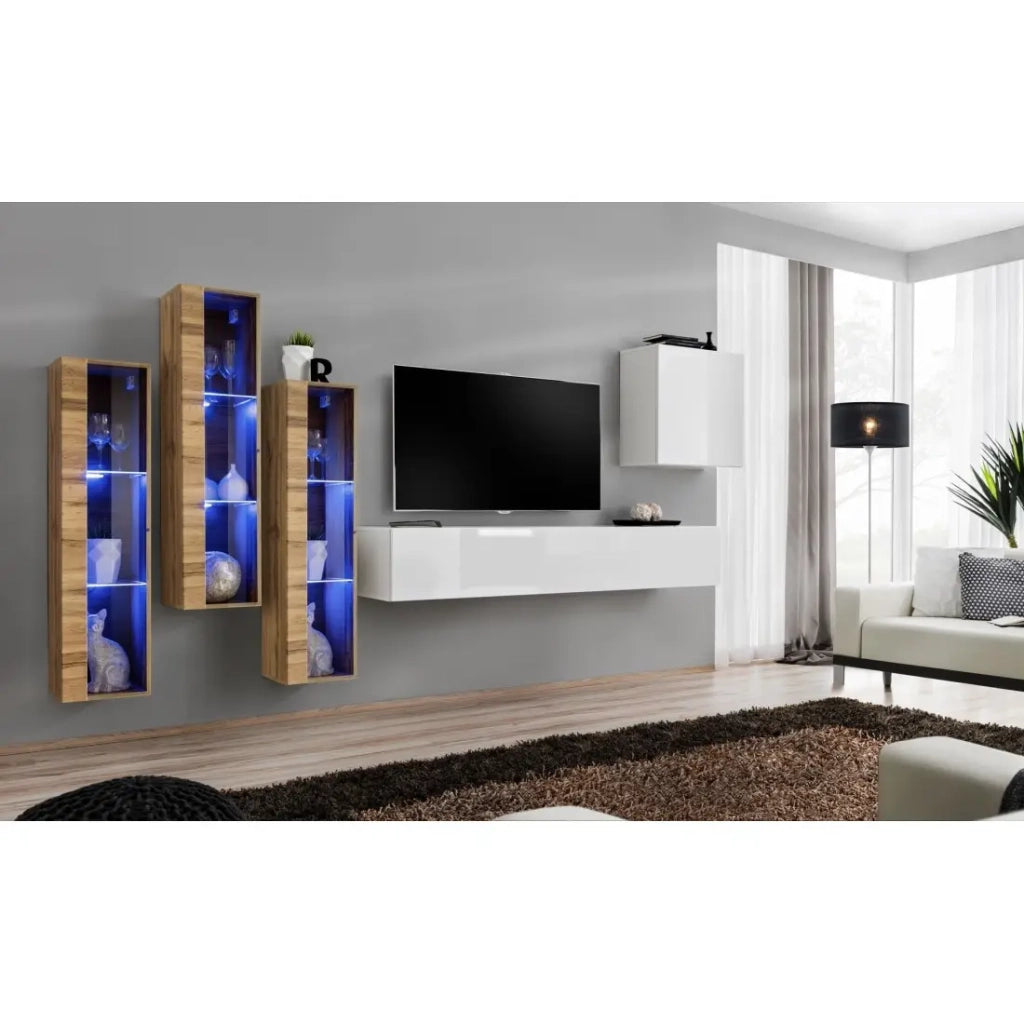 Set di mobili da parete per soggiorno SWITCH XIII design, colore bianco lucido e rovere Wotan.